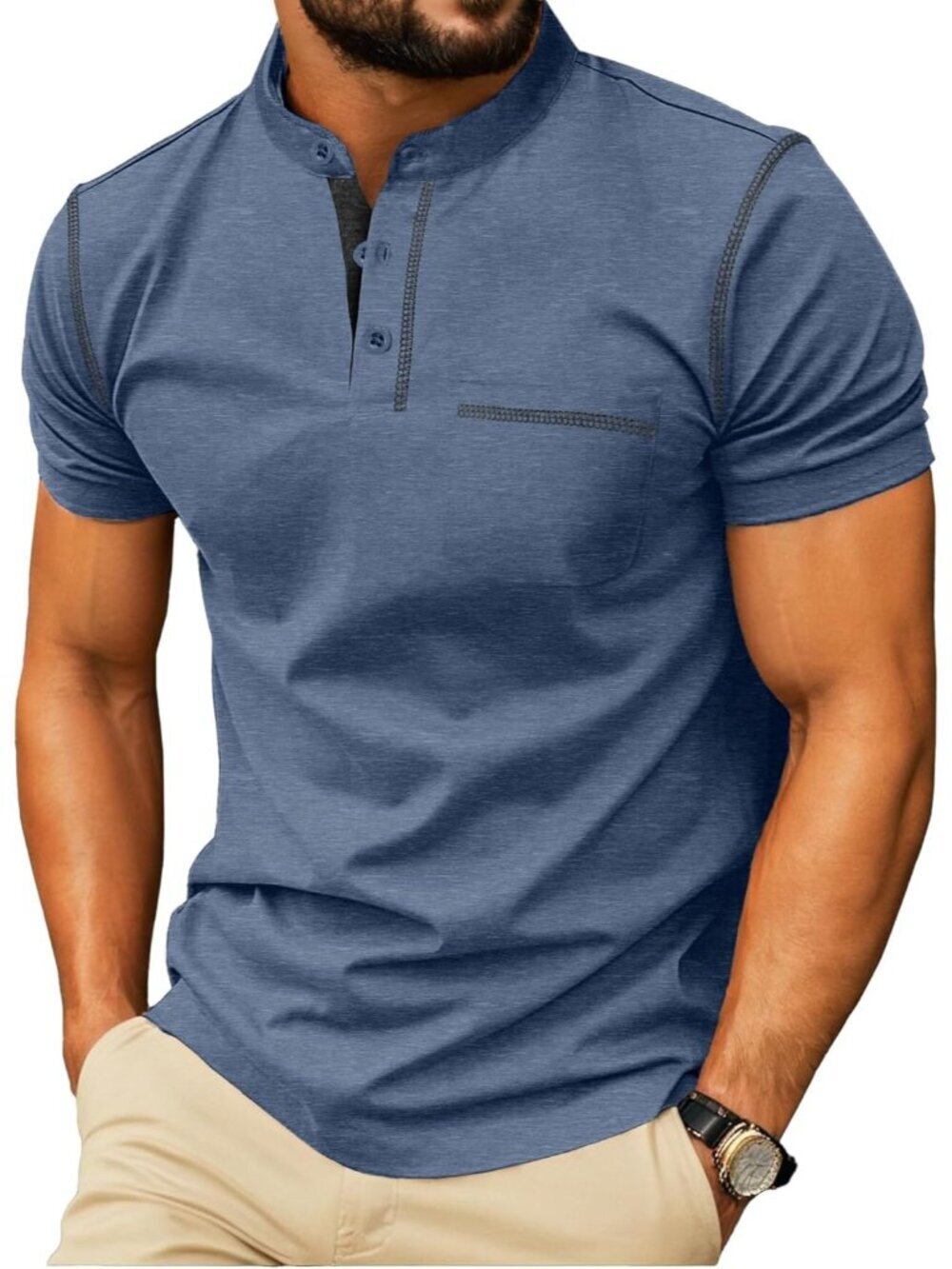 Men's Blue Short Sleeve Summer Casual Classic Cotton Henley Neck T Shirts